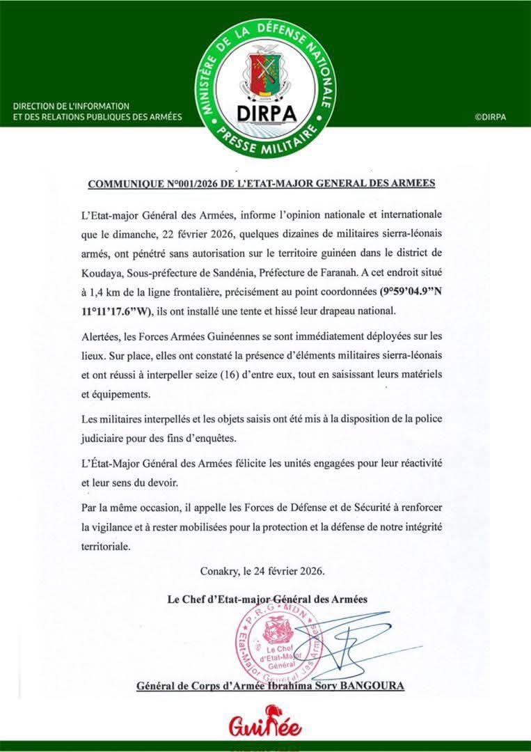 16 militaires sierra Leonais arretés après s’être introduits en territoire guinéen